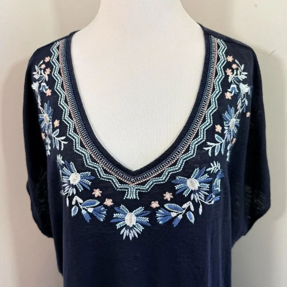 J. Jill Women's Blue Embroidered Floral Short Sleeve Linen Shirt Blouse Size L